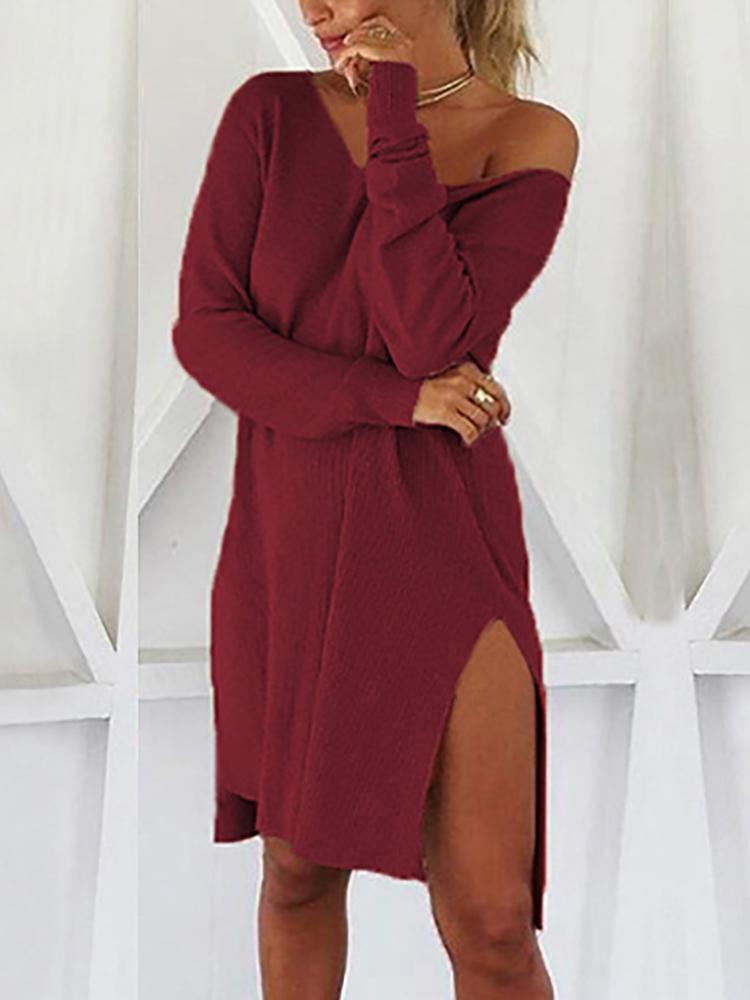 Solid Skew Neck Long Sleeve Slit Irregular Dress - DadHats2ow6ix