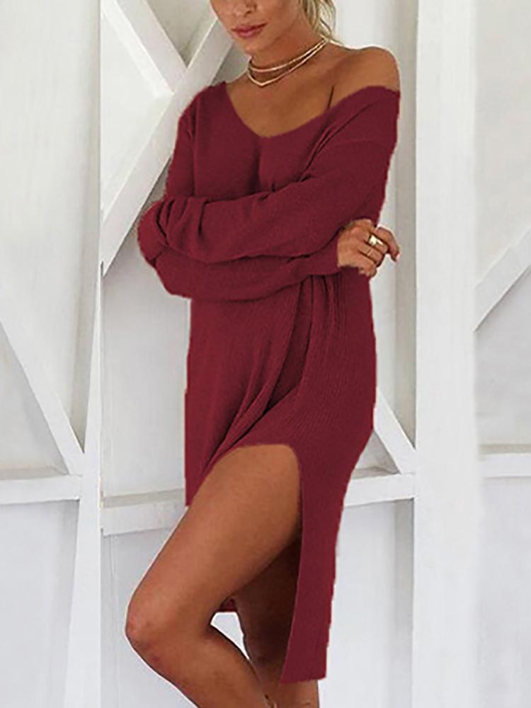 Solid Skew Neck Long Sleeve Slit Irregular Dress - DadHats2ow6ix