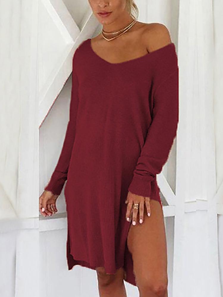 Solid Skew Neck Long Sleeve Slit Irregular Dress - DadHats2ow6ix