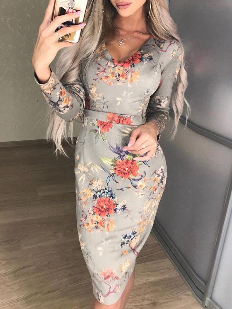 Floral Print Long Sleeve Pencil Dress - DadHats2ow6ix