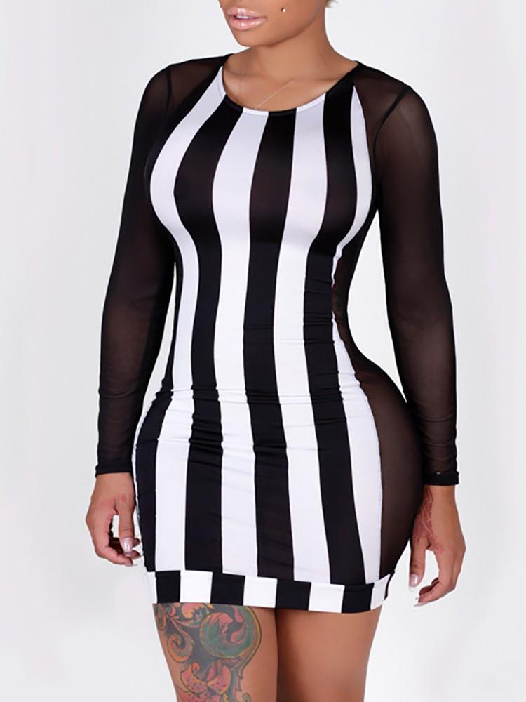 Contrast Stripes Mesh Insert Long Sleeve Bodycon Dress - DadHats2ow6ix