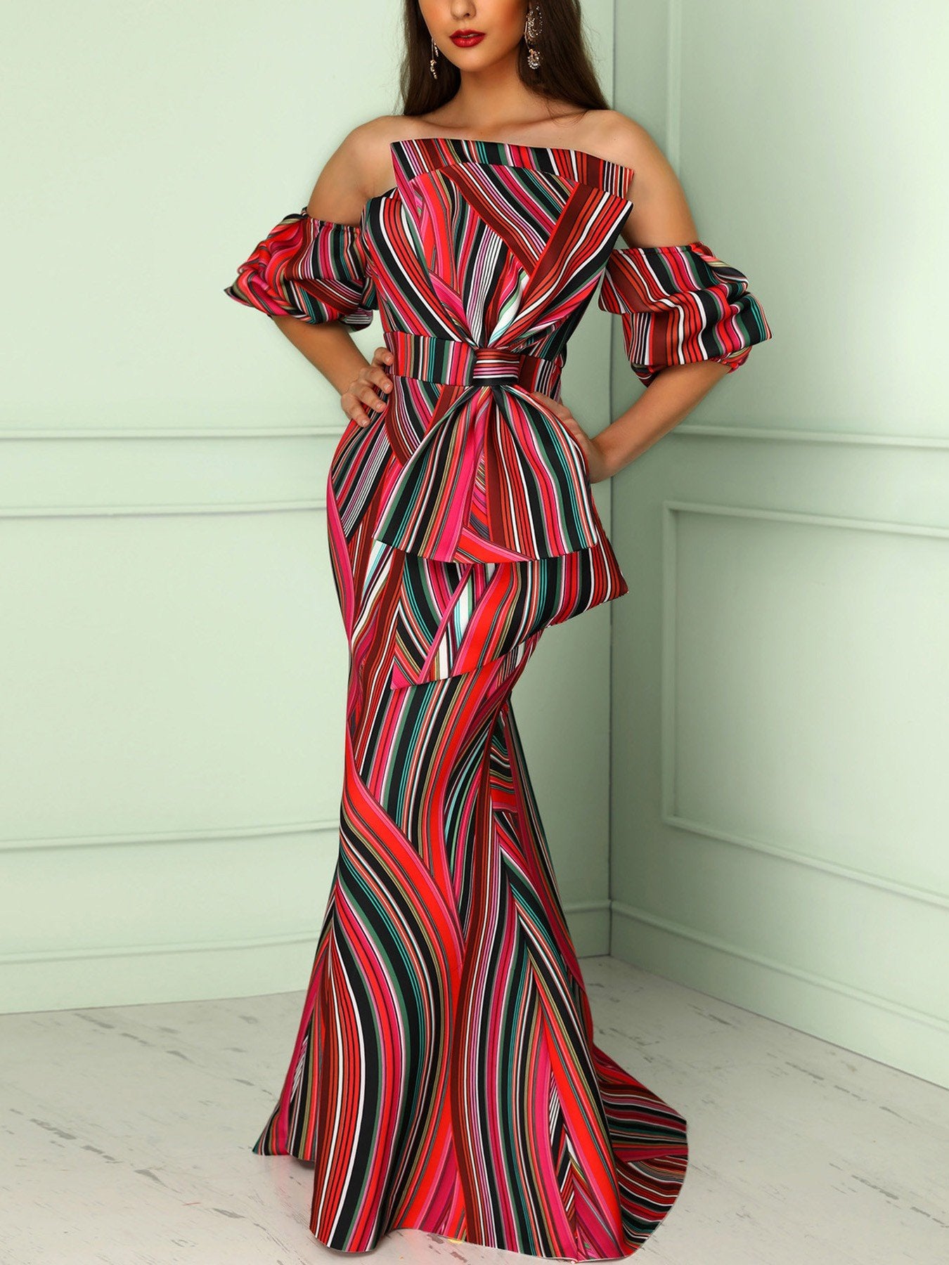 Contrast Stripes Exaggerate Bowknot Evening Dress - DadHats2ow6ix