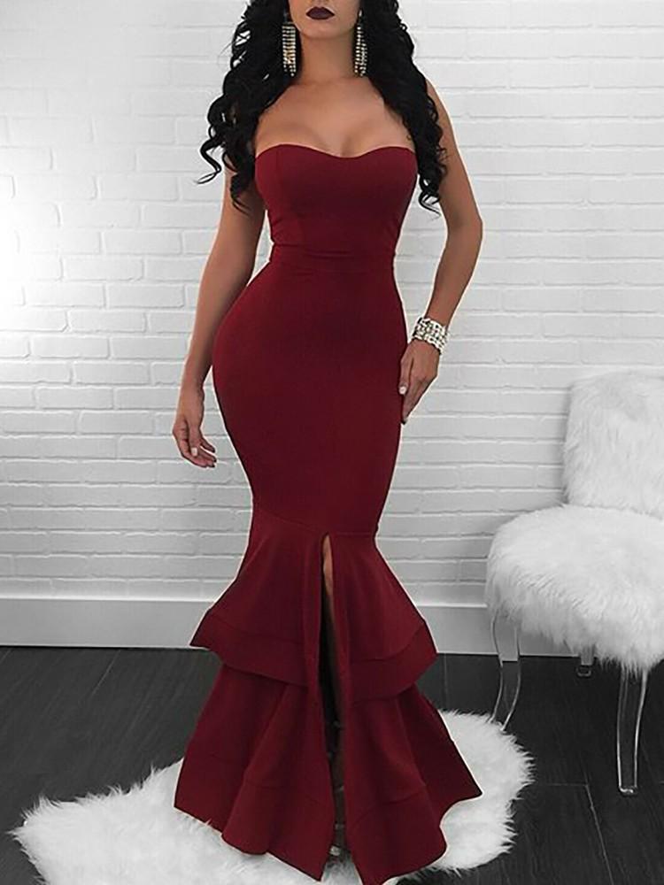 Strapless Slit Mermaid Maxi Bodycon Dress - DadHats2ow6ix