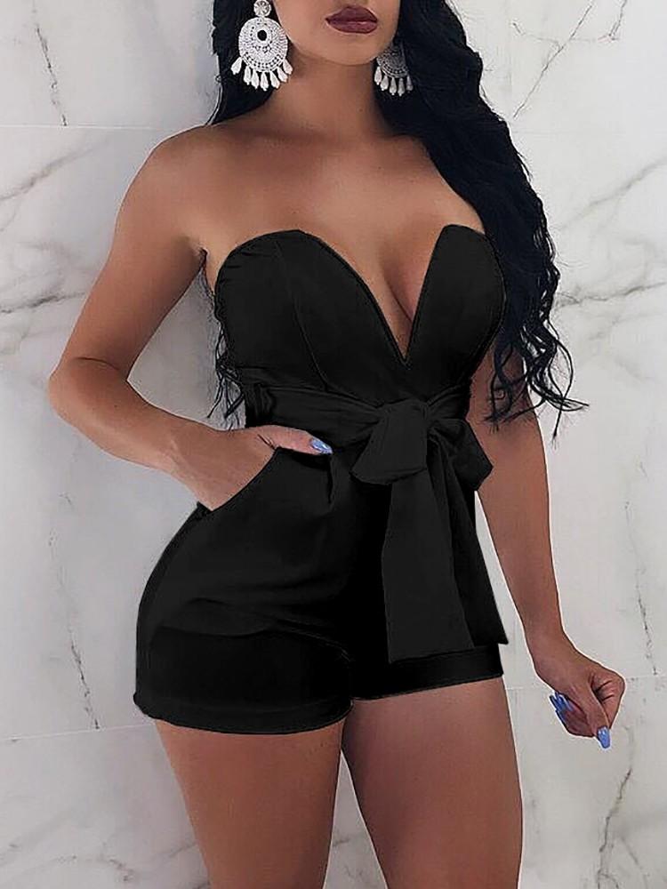 Sweetheart Deep V Neck Solid Waist Belted Tube Romper - DadHats2ow6ix