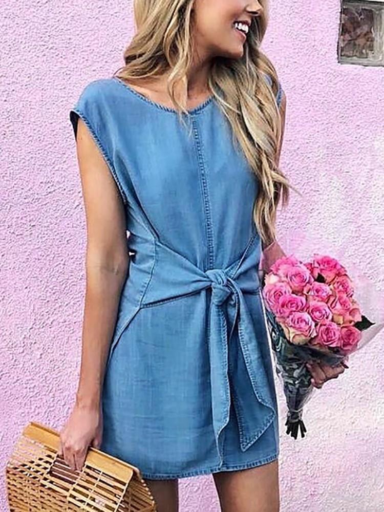 Denim Boat Neck Knot Front Mini Dress - DadHats2ow6ix