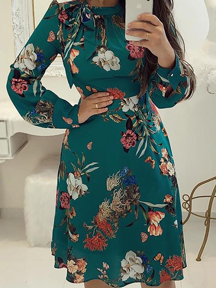 Floral Print Tie Neck Long Sleeve Casual Dress - DadHats2ow6ix