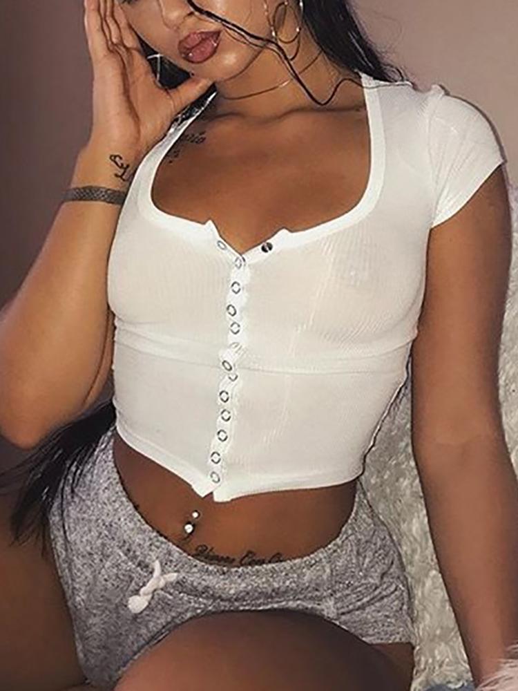 Single-breasted Cropped Casual White Top - DadHats2ow6ix