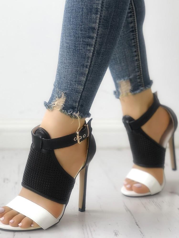 Contrast Color Buckled Thin Heeled Sandals - DadHats2ow6ix