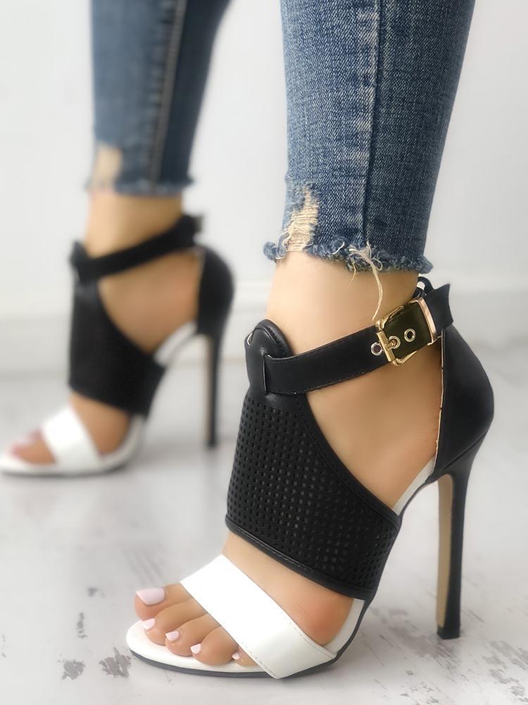 Contrast Color Buckled Thin Heeled Sandals - DadHats2ow6ix