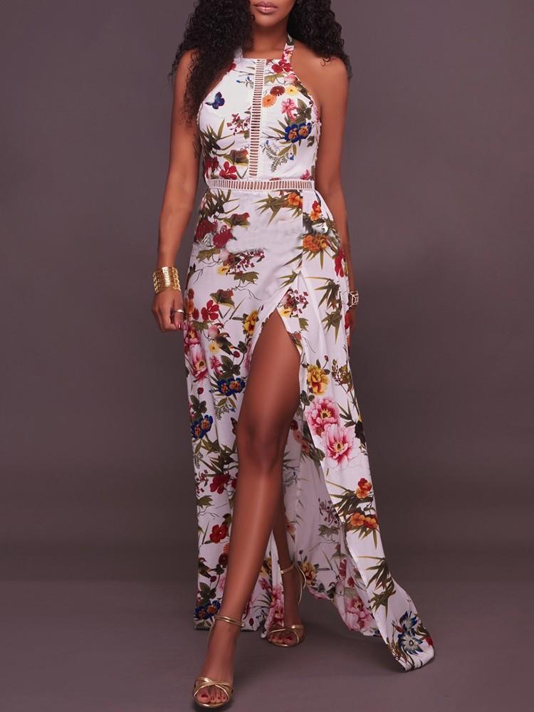 Vintage Halter Open Back Strappy Slit Maxi Dress - DadHats2ow6ix