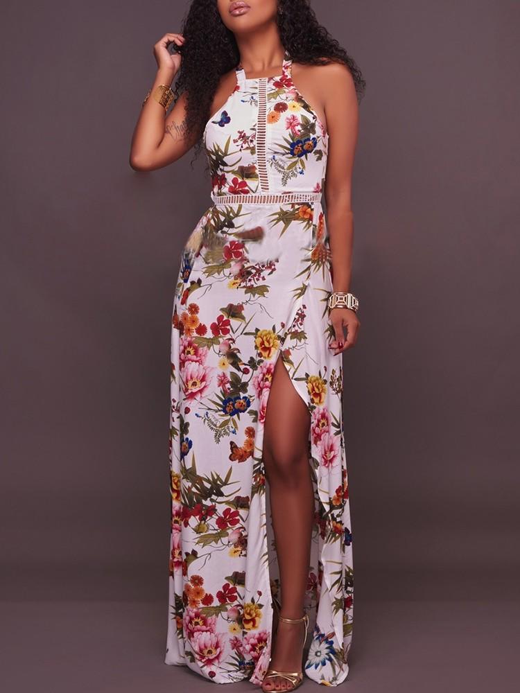 Vintage Halter Open Back Strappy Slit Maxi Dress - DadHats2ow6ix