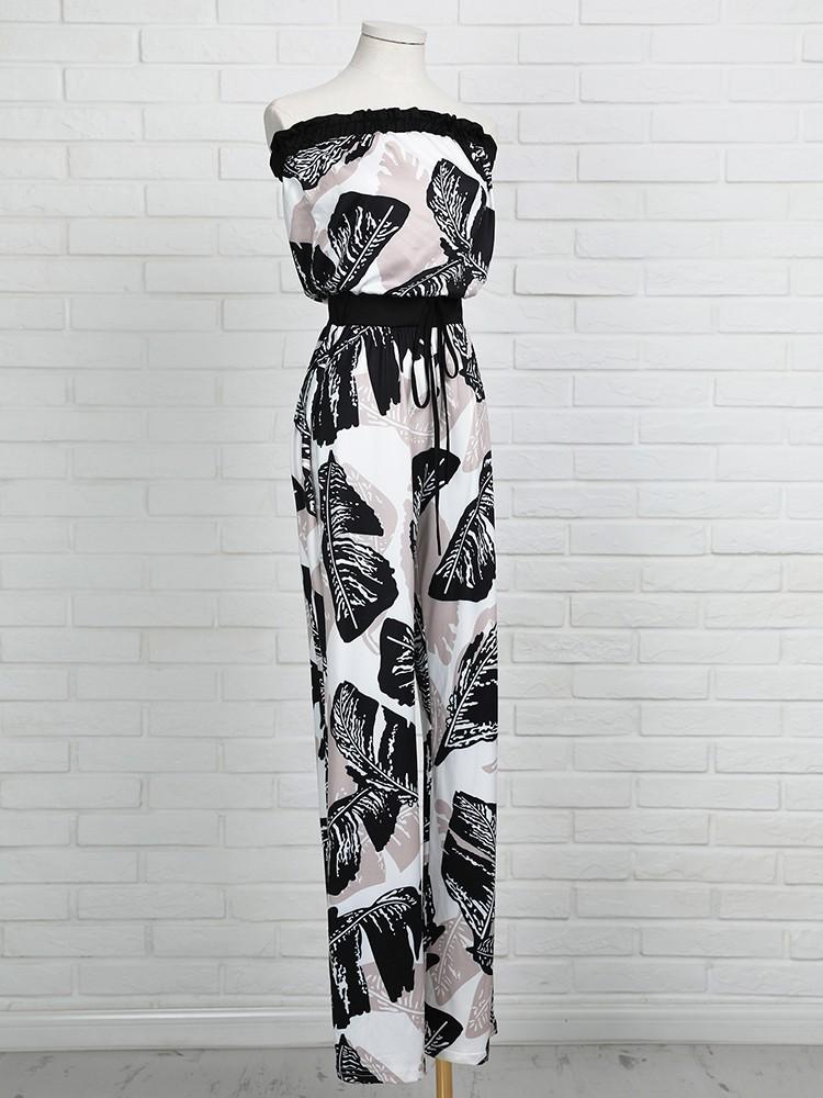 Tropical Print Strapless Drawstring Waist Jumpsuit - DadHats2ow6ix