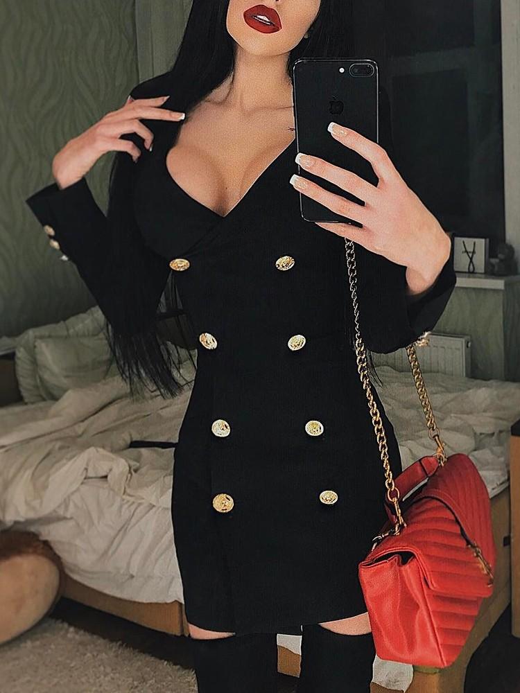 Double Breasted V Neck Wrapped Bodycon Dress - DadHats2ow6ix