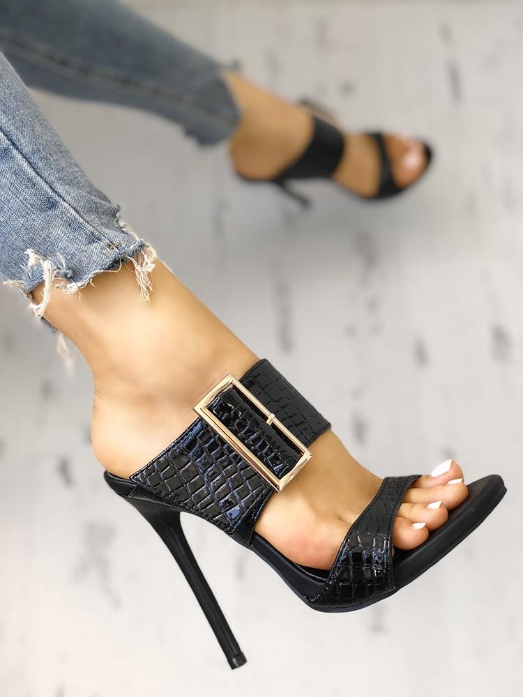 Solid Snakeskin Buckled Thin Heeled Sandals - DadHats2ow6ix