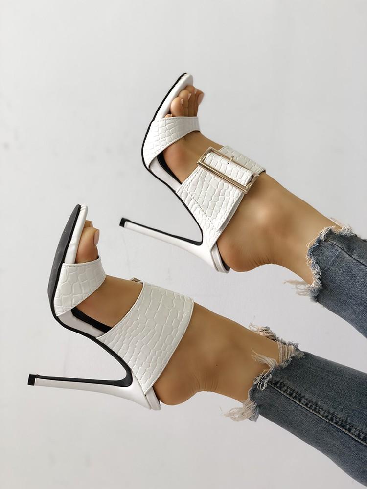 Solid Snakeskin Buckled Thin Heeled Sandals - DadHats2ow6ix