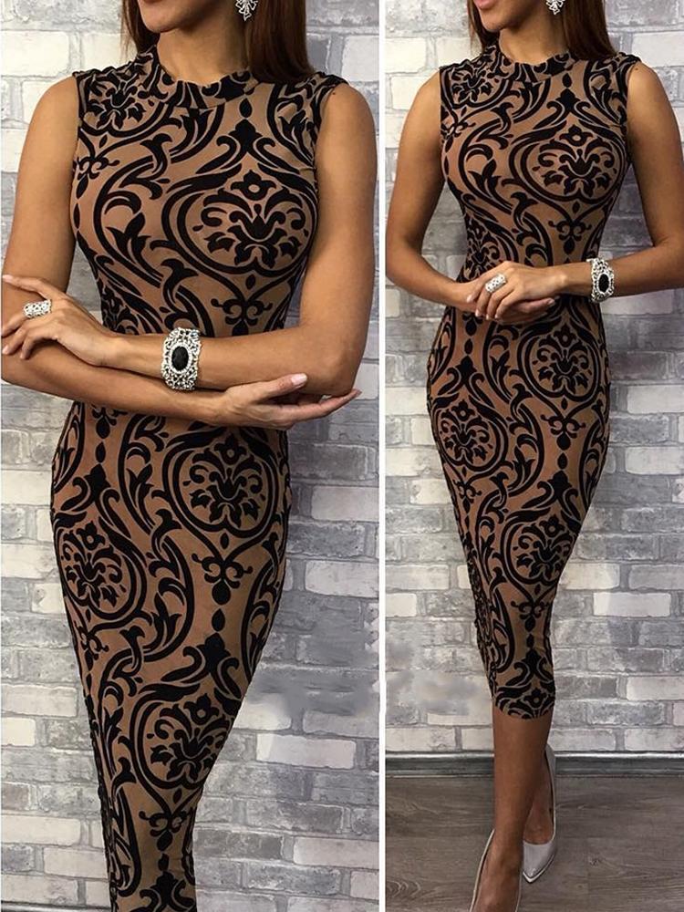 Baroque Print Sleeveless Slinky Midi Dress - DadHats2ow6ix