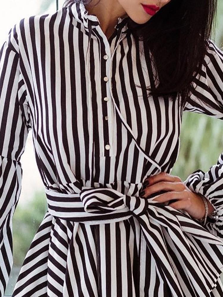 Striped Bishop Sleeve Tied Waist Shirt Dress - DadHats2ow6ix