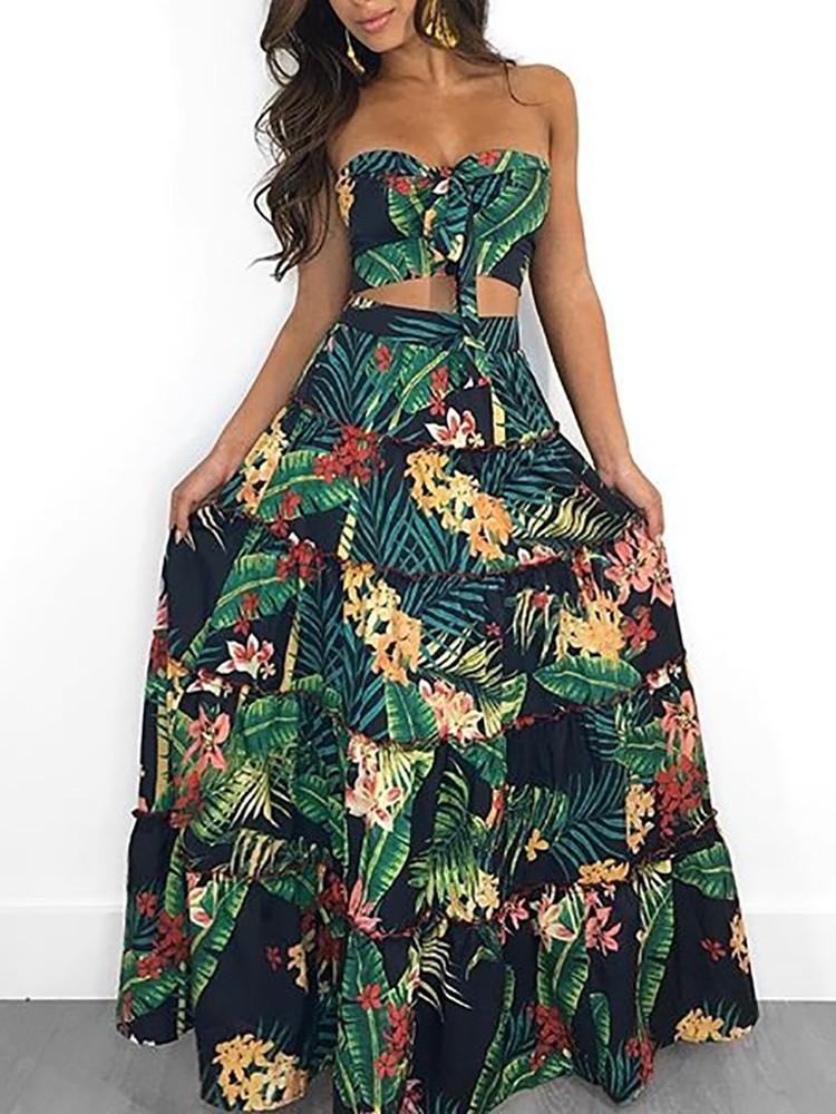 Tropical Print Tube Top & Maxi Skirt Set - DadHats2ow6ix