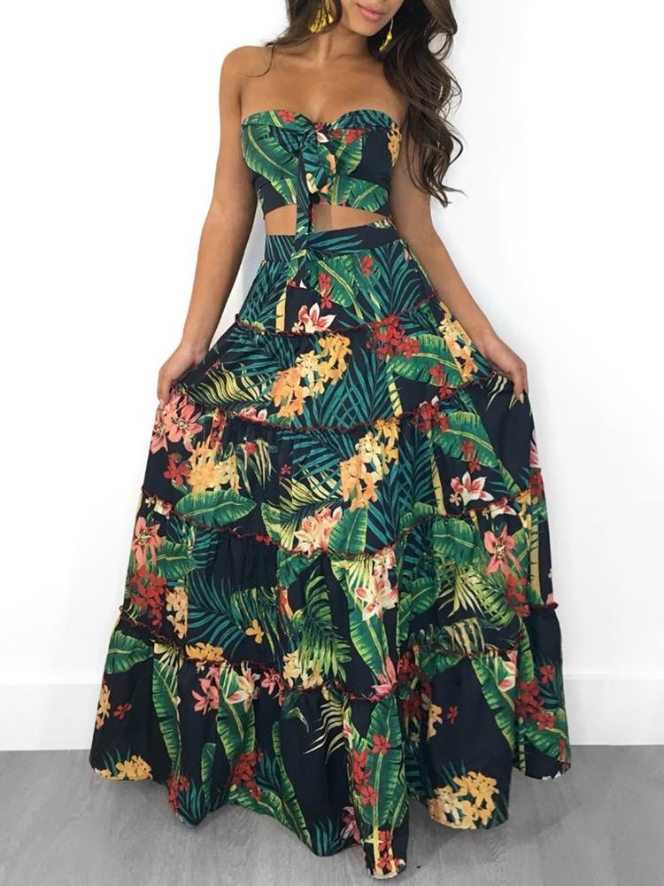 Tropical Print Tube Top & Maxi Skirt Set - DadHats2ow6ix