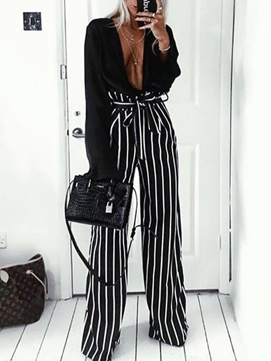 Frills Striped Belted High Waist Wide Leg Pants - DadHats2ow6ix