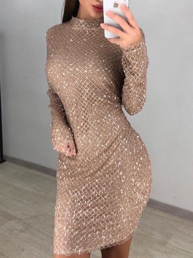 Shiny Sequins Long Sleeve Bodycon Dress - DadHats2ow6ix