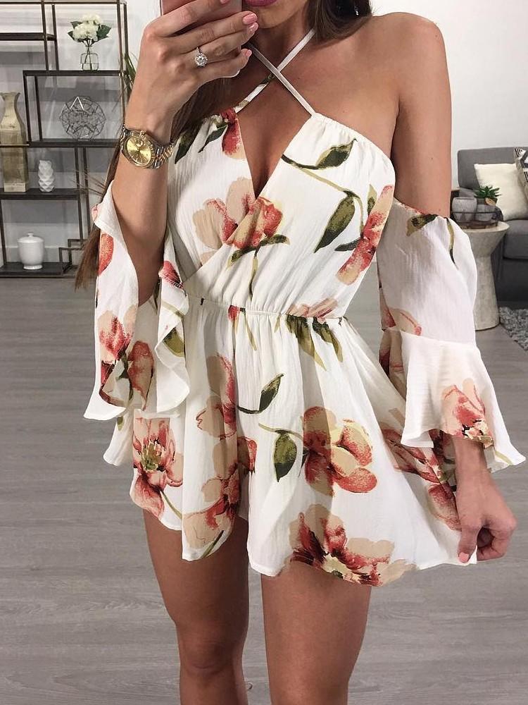 Vintage Floral Print Tied Off Shoulder Casual Romper - DadHats2ow6ix