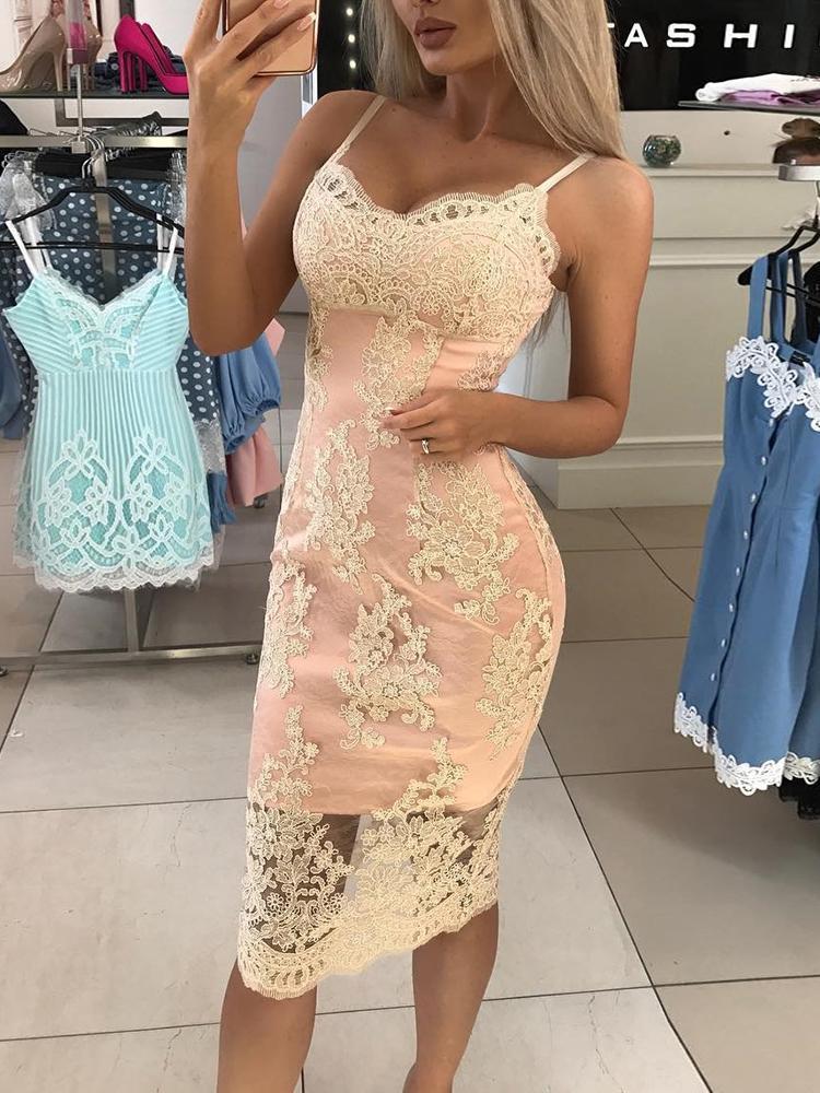 Spaghetti Strap Crochet Lace Overlay Bodycon Dress - DadHats2ow6ix