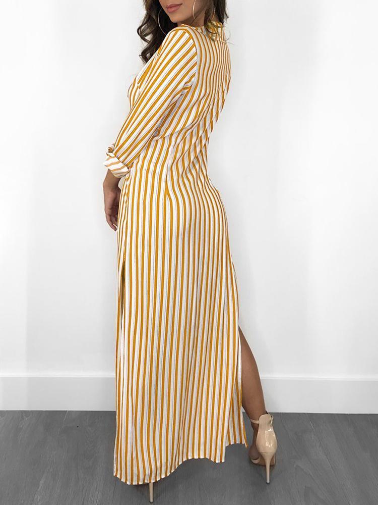 Stripes Long Sleeve Button Up Slit Maxi Shirt Dress - DadHats2ow6ix