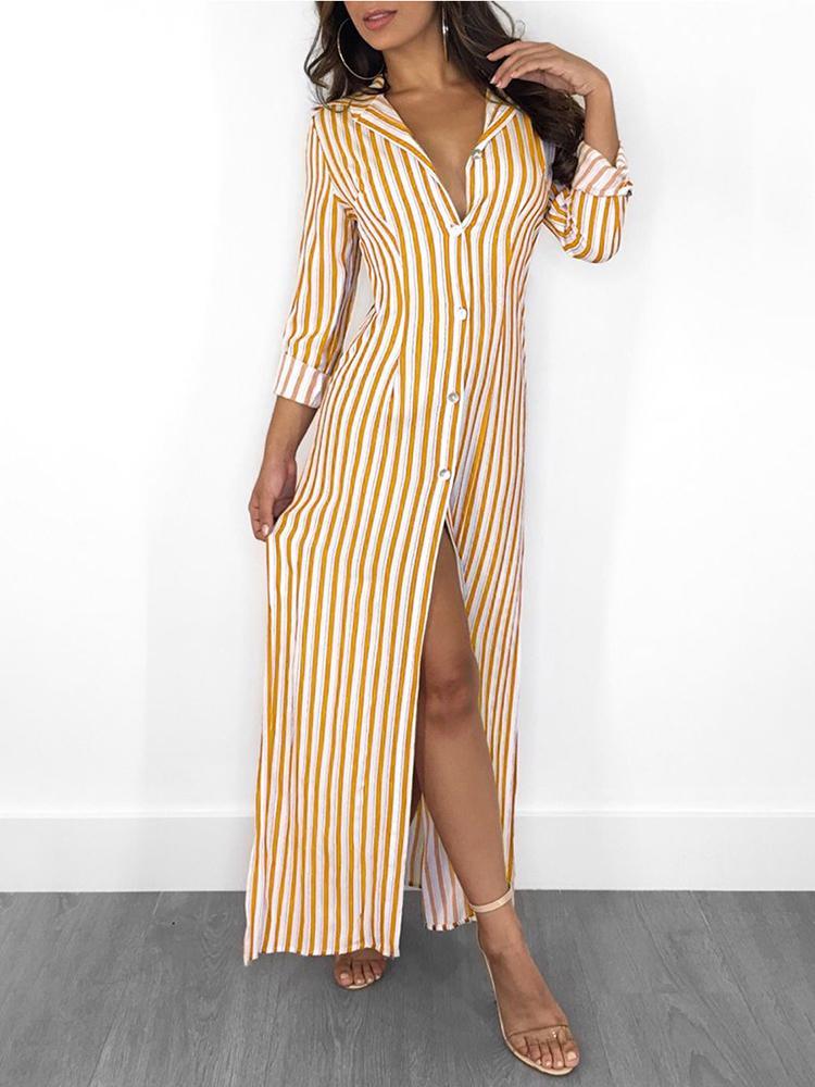 Stripes Long Sleeve Button Up Slit Maxi Shirt Dress - DadHats2ow6ix