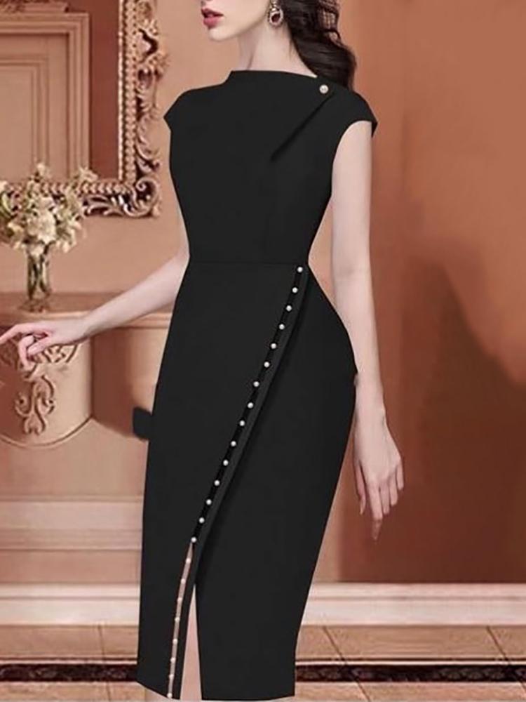 Beading Embellished Slit Irregular Midi Dress - DadHats2ow6ix