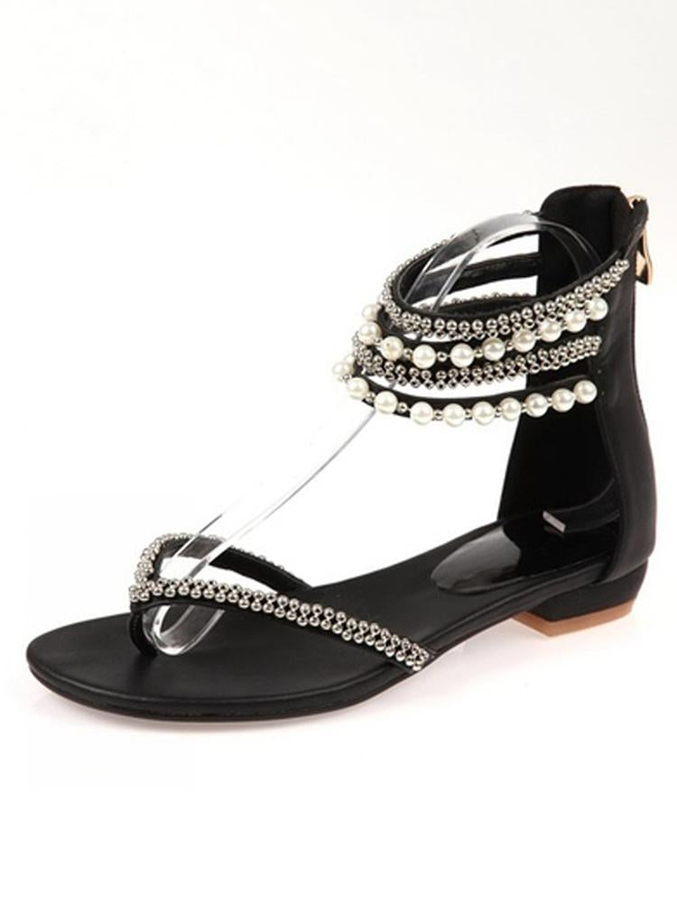 Stylish Beading Embellished Ankle Strap Flip-flop Sandals - DadHats2ow6ix