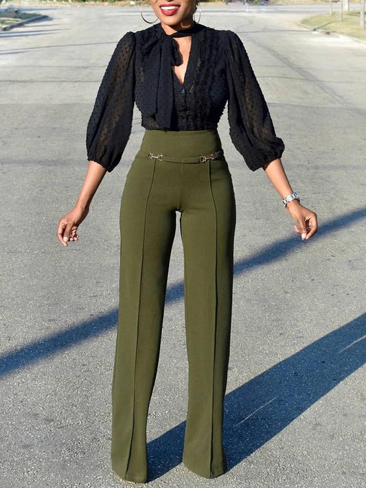 Solid Buckle High Waist Wide Leg Pants - DadHats2ow6ix