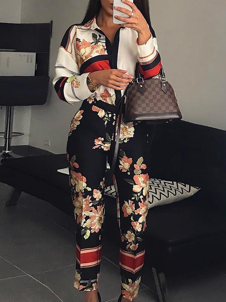 Floral Print Turn-Down Neck Long Sleeve Jumpsuit - DadHats2ow6ix