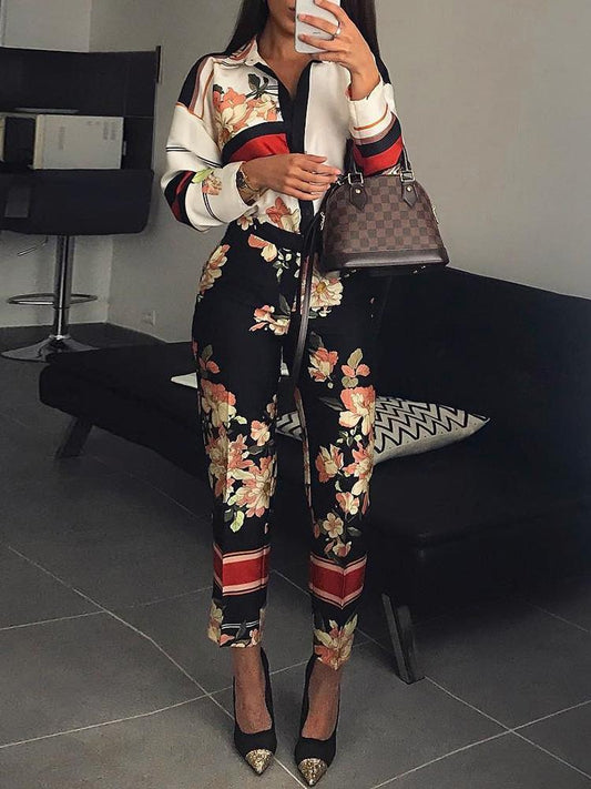 Floral Print Turn-Down Neck Long Sleeve Jumpsuit - DadHats2ow6ix