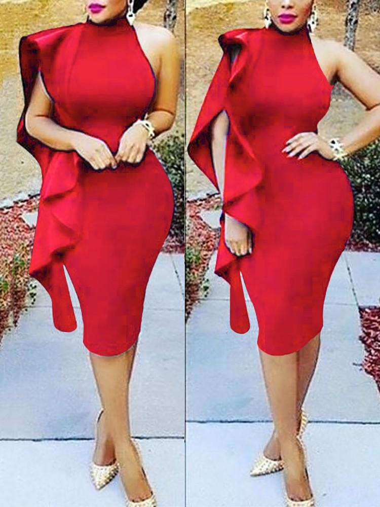 Stylish Ruffled Halter Bodycon Midi Dress - DadHats2ow6ix