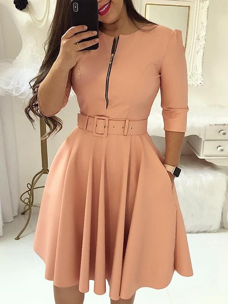 Solid Zipper Up Belted Pleated Casual Dress - DadHats2ow6ix