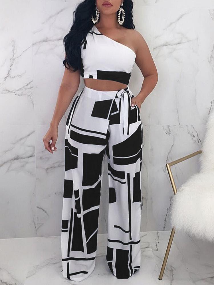 Colorblock One Shoulder Cropped Wide Pants Set - DadHats2ow6ix