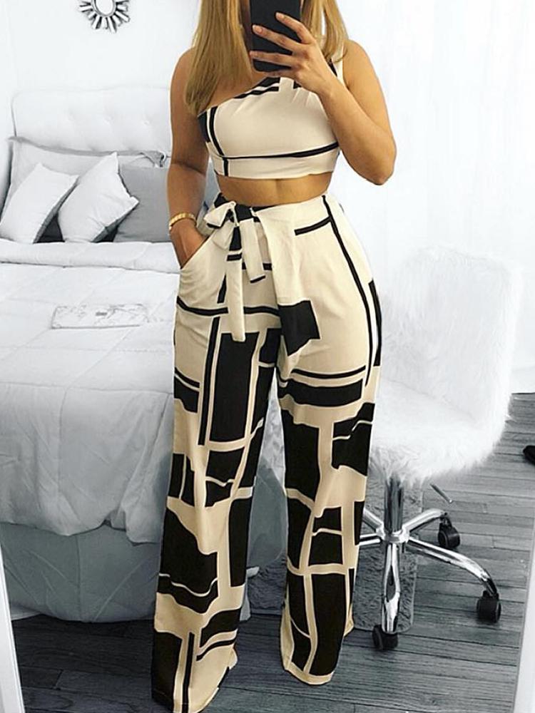 Colorblock One Shoulder Cropped Wide Pants Set - DadHats2ow6ix