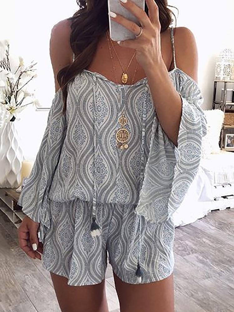 Ethnic Print Cold Shoulder Flared Sleeve Rompers - DadHats2ow6ix