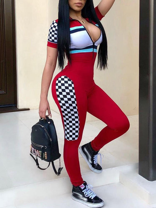 Fashion Contrast Color Zipper Up Motorsport Jumpsuit - DadHats2ow6ix