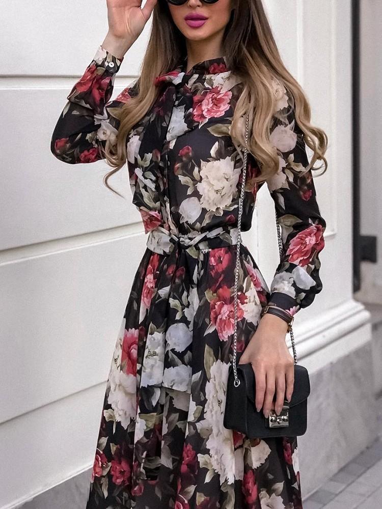 Floral Print Tie Neck Belted Chiffon Dress - DadHats2ow6ix