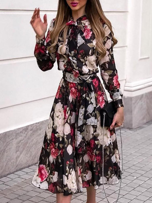 Floral Print Tie Neck Belted Chiffon Dress - DadHats2ow6ix