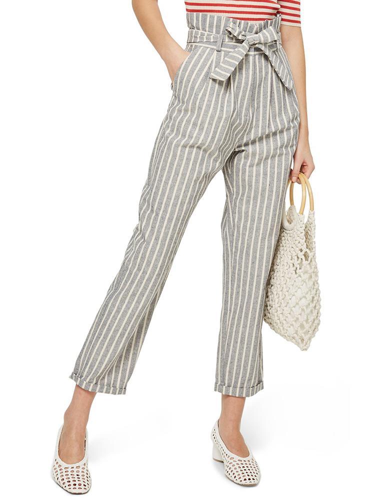 Striped Belted High Waist Roll Up Hem Pants - DadHats2ow6ix