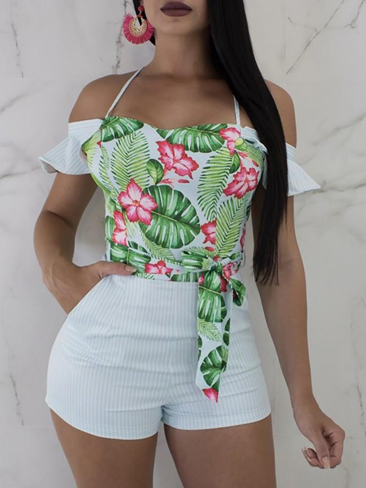 Tropical Print Halter Belted Bardot Romper - DadHats2ow6ix