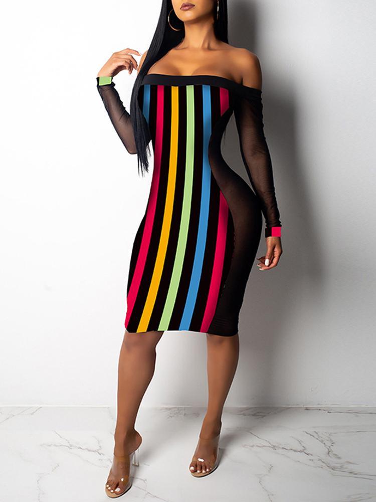 Colorful Stripes Sheer Mesh Splicing Dress - DadHats2ow6ix