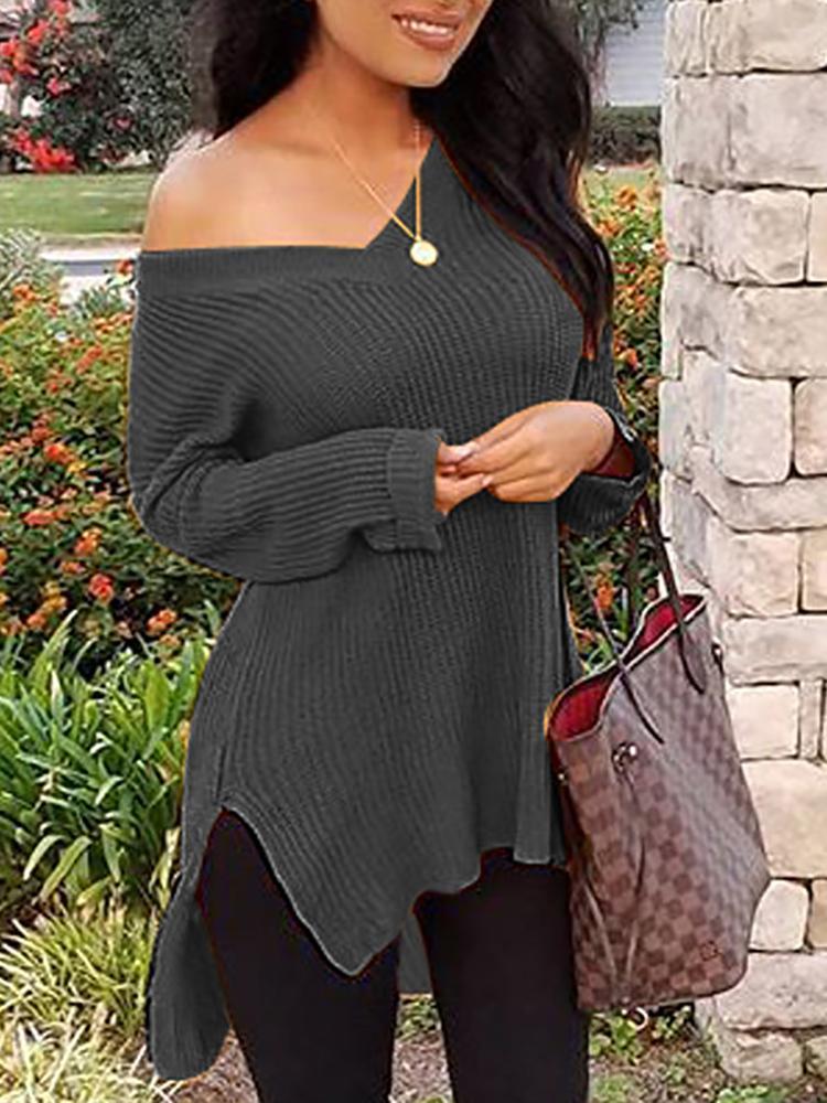 Solid Long Sleeve Side Slit Dip Hem Sweater - DadHats2ow6ix