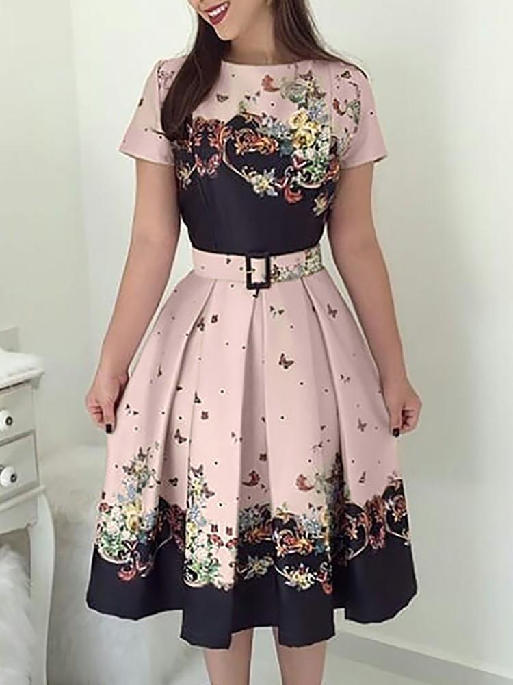 Butterfly Print Short Sleeve Belted Pleated Dress - DadHats2ow6ix