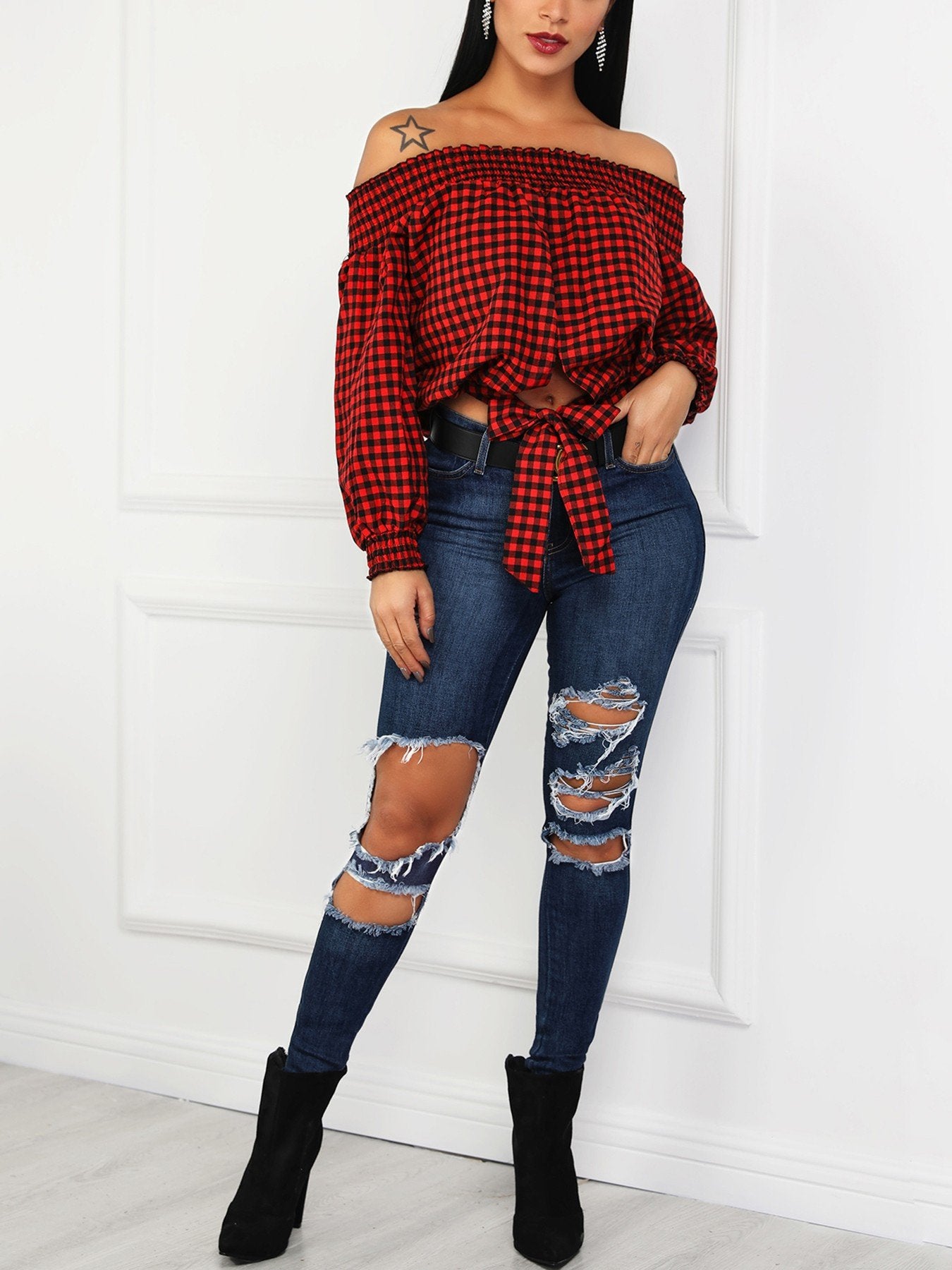 Gingham Print Lantern Sleeve Bowknot Back Blouse - DadHats2ow6ix