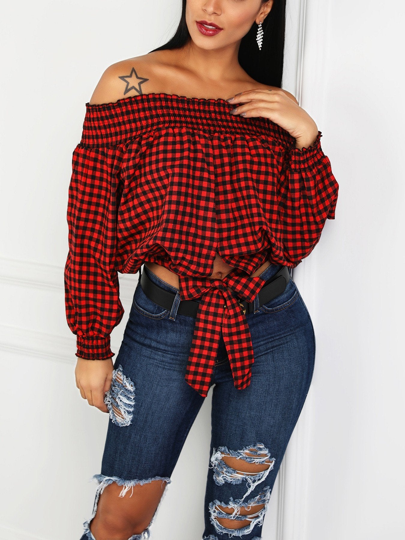 Gingham Print Lantern Sleeve Bowknot Back Blouse - DadHats2ow6ix