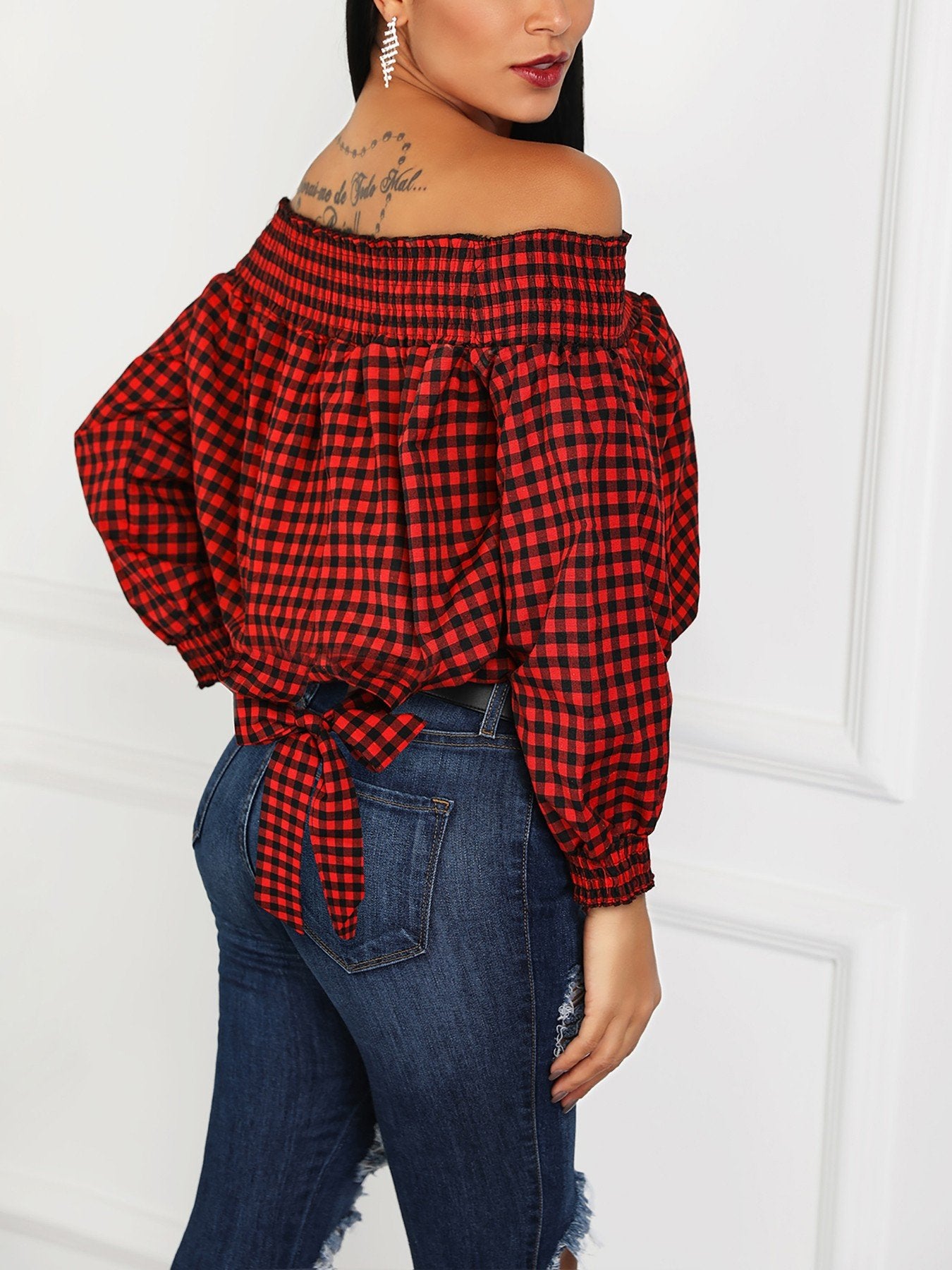 Gingham Print Lantern Sleeve Bowknot Back Blouse - DadHats2ow6ix